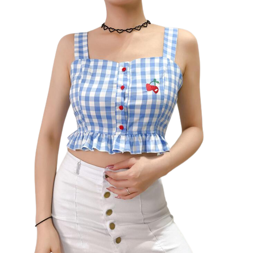Blue plaid cherry embroidered camisole lace crop top