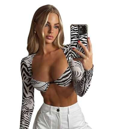 Casual Mesh Long Sleeve Black And White Print Top