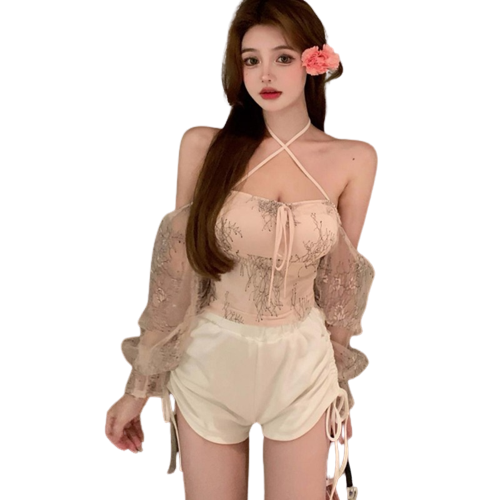 Lace Puff Sleeve Cropped Waist Top