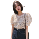Bubble short sleeve see-through top blouse