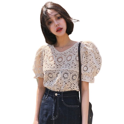 Bubble short sleeve see-through top blouse