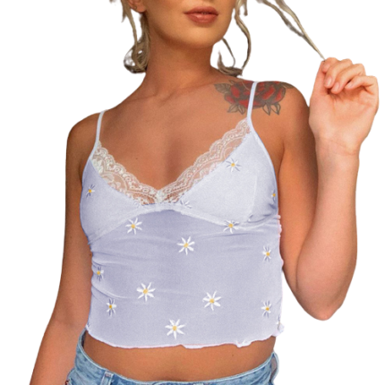 Sexy Lace Stitching Daisy Embroidery V-Neck Tank Top