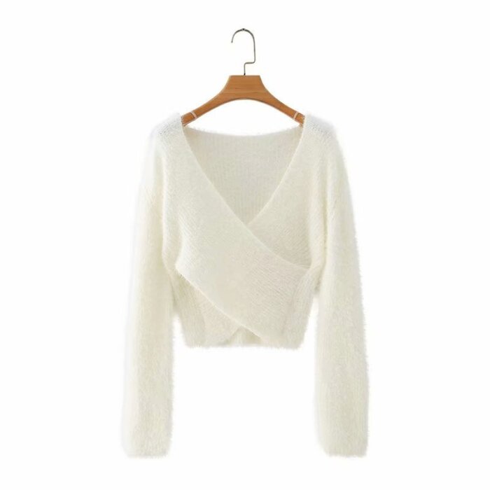 Furry Cross V-Neck Long-Sleeved Crop Top Sweater
