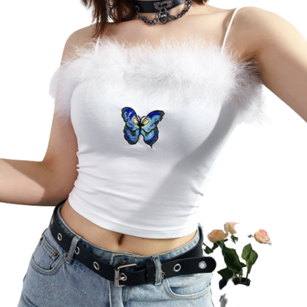 Feather Patchwork Cute Harajuku Crop Top Women Colorful Butterfly Appliques Sweet Spaghetti Strap Cami Top