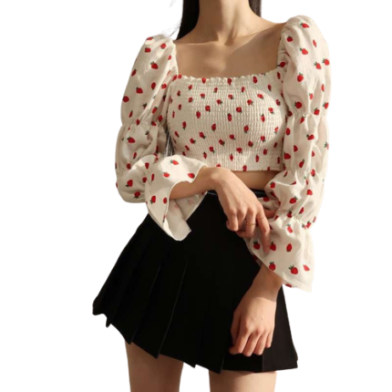 French Retro Short Strawberry Print Puff Sleeve Top