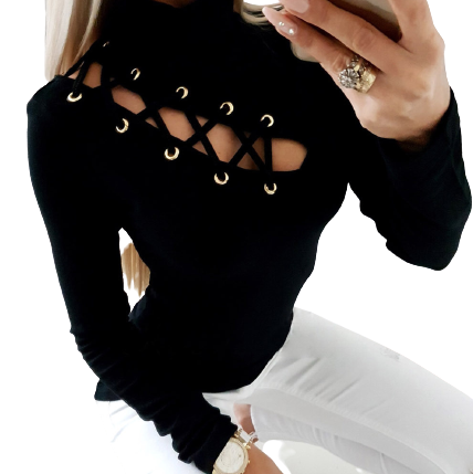 High neck hollow solid color long sleeve top