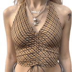 Plaid Backless Lace-Up Slim Halter Tank Top