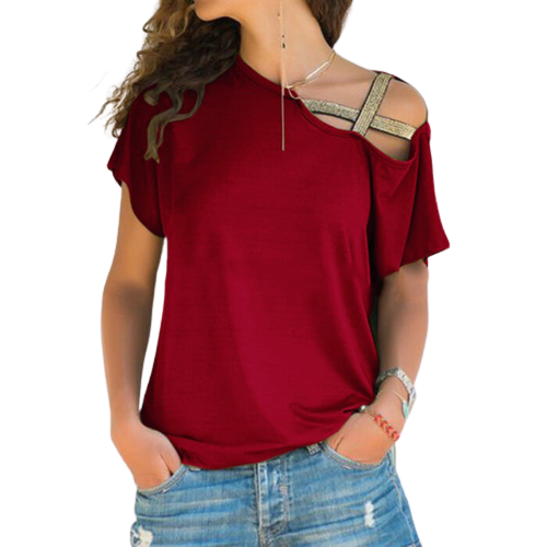 Women Skew Neck T-Shirt Summer Irregular Criss Cross Short Sleeves Sexy Off Shoulder Solid Tops Blusa Femme One Shoulder Shirt