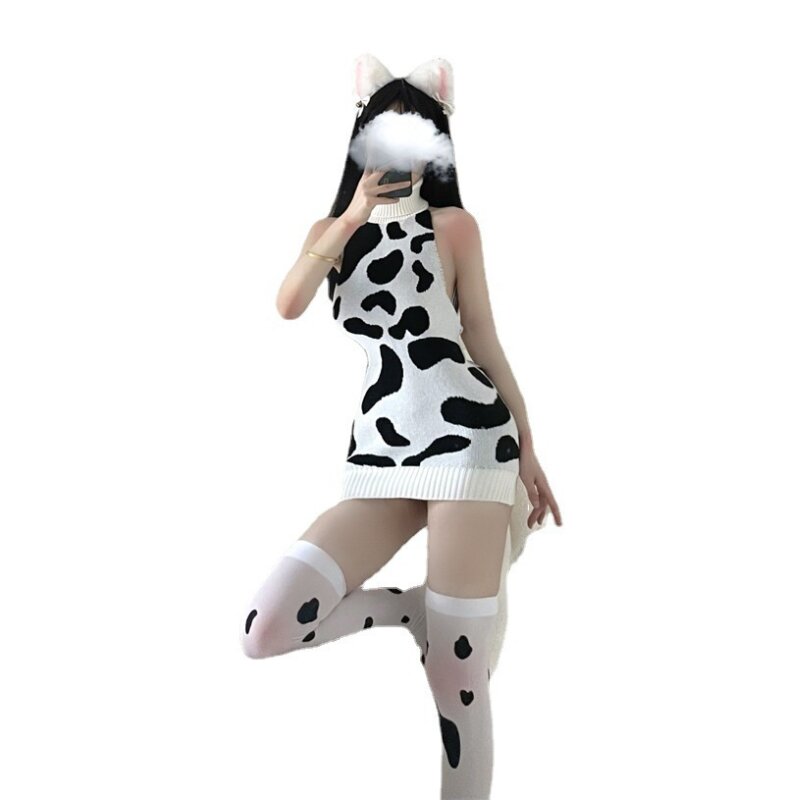Japanese Girl Cow Print Short Skirt And Long Pajamas - Woman Tops
