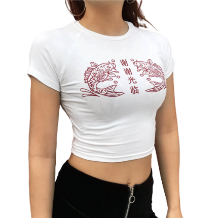 Velvet Chinese Character Fish Crop Top