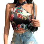 Chinoiserie Printed Halter Crop Top Neck