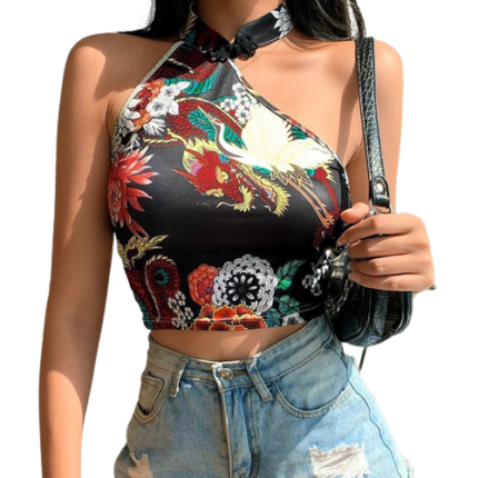 Chinoiserie Printed Halter Crop Top Neck