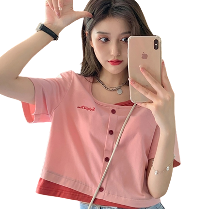 Fake Two-piece Square Neck Short-sleeved Sweet Cool Top