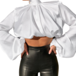 High Neck Loose Solid Color Short Cropped Lantern Sleeve Top