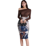 Slim knit Strapless top print wrap hip skirt suit