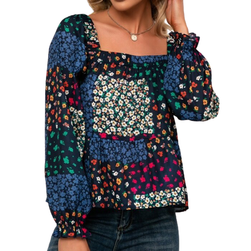 Square Neck Ruffle Sleeve Small Floral Casual Shirt Top