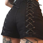 Women Solid Shorts Criss Cross Bandage REGULAR High Waist Black Short