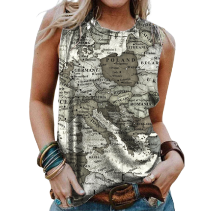 Women's Sleeveless Printed Tank Top Map Casual Top