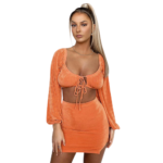 Women's Square Neck Tie Long Sleeve Cropped Top Set