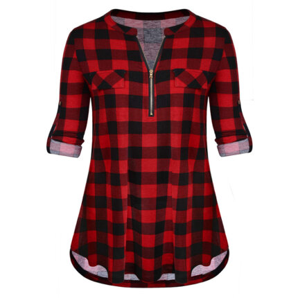 Checked Curled Zipper Long-sleeved Top
