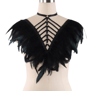 Women's Fashion Prom Black Harness Feather Tie Top