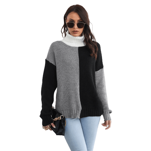 High Neck Drop Shoulder Long Sleeve Knitted Sweater For Women