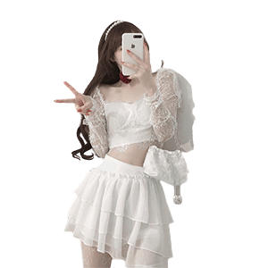 Lace Long-Sleeved Top And Veil Skirt Skirt