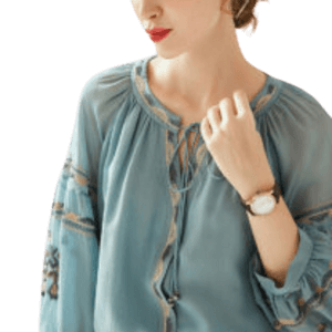 Silk Long-sleeved Shirt Women's Autumn New Style Embroidery Round Neck Lantern Sleeve Silk Top