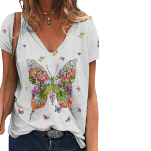 Women's Loose V Neck Short Sleeved Butterfly Print Top Women