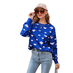Printed Round Neck Long Sleeve Fashion Blue Women's Cropped Top