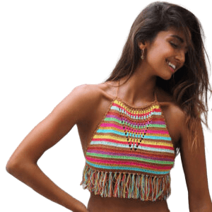 Crochet Colours Stripes Bikini Top Beach Women Tassel Swimwear Top