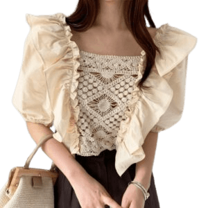 Square Collar Lace Crochet Hollow Puff Sleeve Shirt Women Short Sleeve Top Clothes
