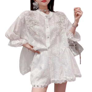 French Niche Heavy Industry Beaded Lace Shirt Top Women