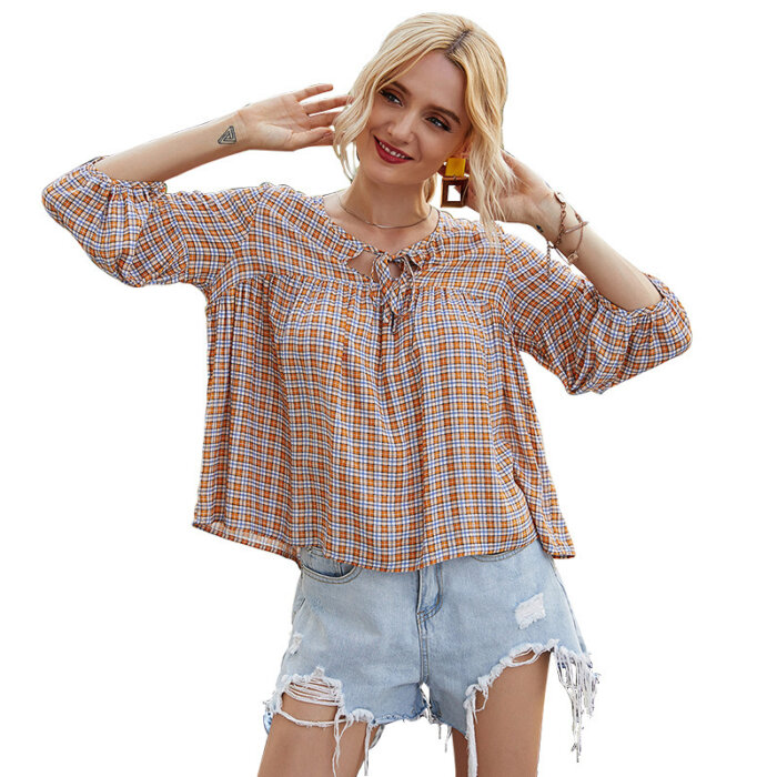 Spring And Summer New Women Fashion Floral Plaid Shirt 11