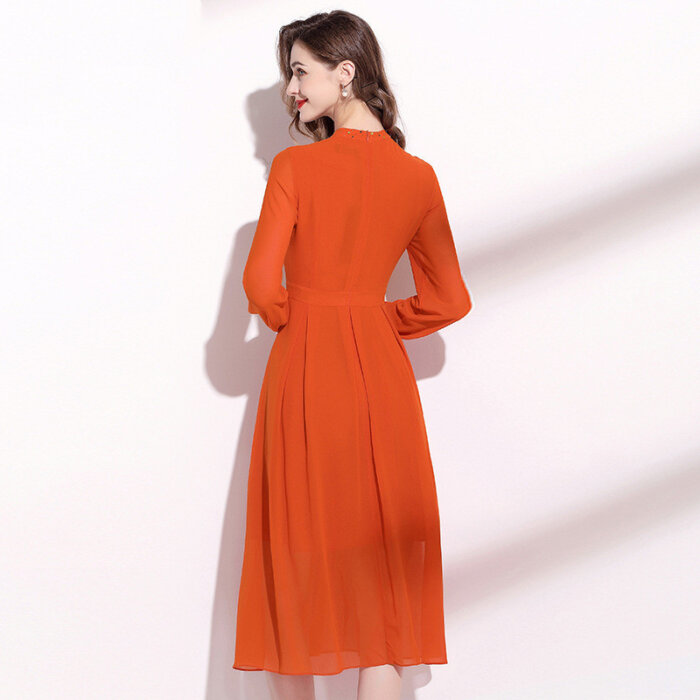 Orange Long Sleeve Dress Elegant Lady 15