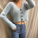 Single-Breasted Buttoned Long-Sleeved Crop Top Sweater Cardigan Top 16