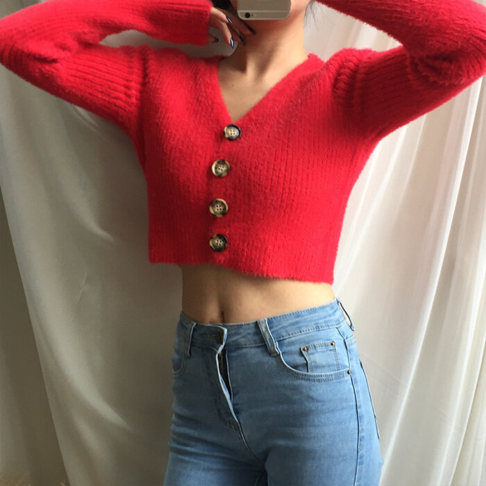 Single-Breasted Buttoned Long-Sleeved Crop Top Sweater Cardigan Top 22