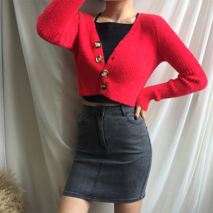 Single-Breasted Buttoned Long-Sleeved Crop Top Sweater Cardigan Top 20