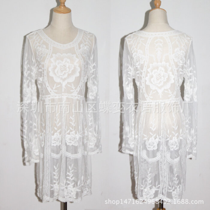Embroidered Bell Sleeve Lace Perspective Dress 35