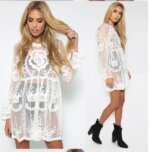 Embroidered Bell Sleeve Lace Perspective Dress 21