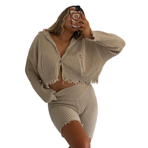 New Crop Top Sweater Women's Core Yarn Cardigan Long-sleeved Tops High-waisted Tight-fitting Shorts