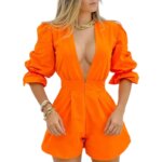 Orange Deep V Jumpsuit Puff Sleeve 16