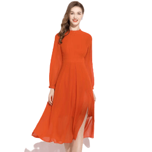Orange Long Sleeve Dress Elegant Lady