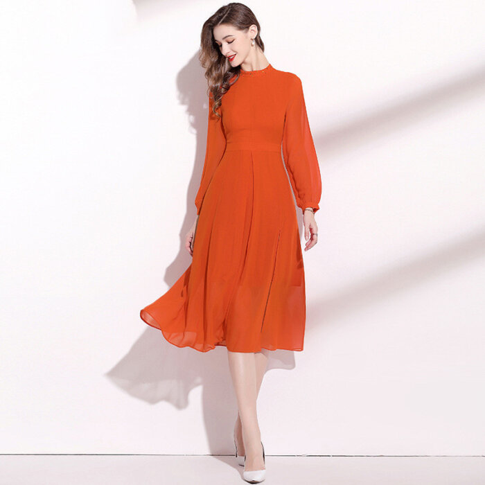Orange Long Sleeve Dress Elegant Lady 11