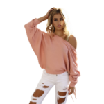 Skew Neck Knitted Crop Top Sweater