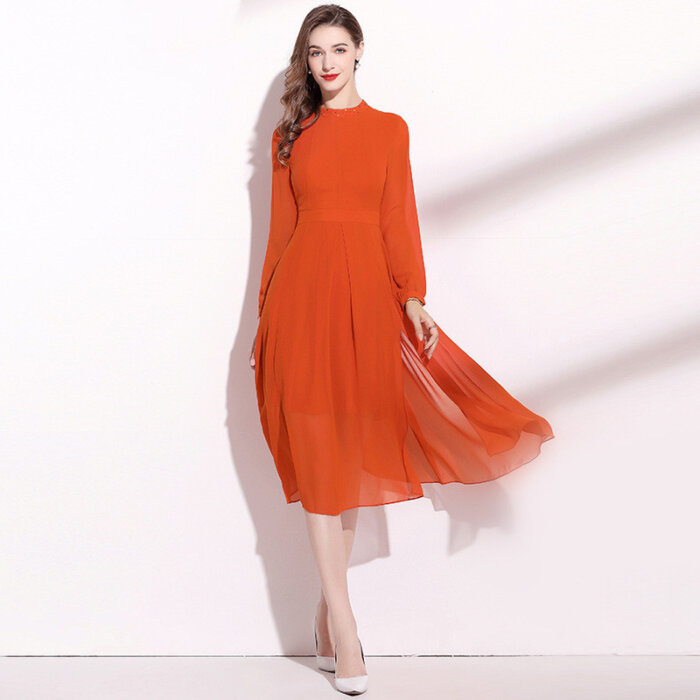 Orange Long Sleeve Dress Elegant Lady 13
