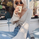 Sweater spring new V-neck drawstring crop top Knit sweater pullover 5