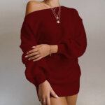 Women Off Shoulder Knitted Sweater Dress Autumn Winter Loose Long Sleeve Solid Tunic Elegant Streetwear 53