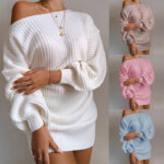 Women Off Shoulder Knitted Sweater Dress Autumn Winter Loose Long Sleeve Solid Tunic Elegant Streetwear 59