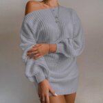 Women Off Shoulder Knitted Sweater Dress Autumn Winter Loose Long Sleeve Solid Tunic Elegant Streetwear 51